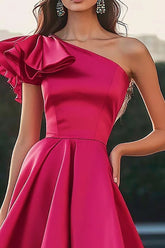 Fuchsia Eine Schulter High-Low Satin Ballkleid in A-Linie